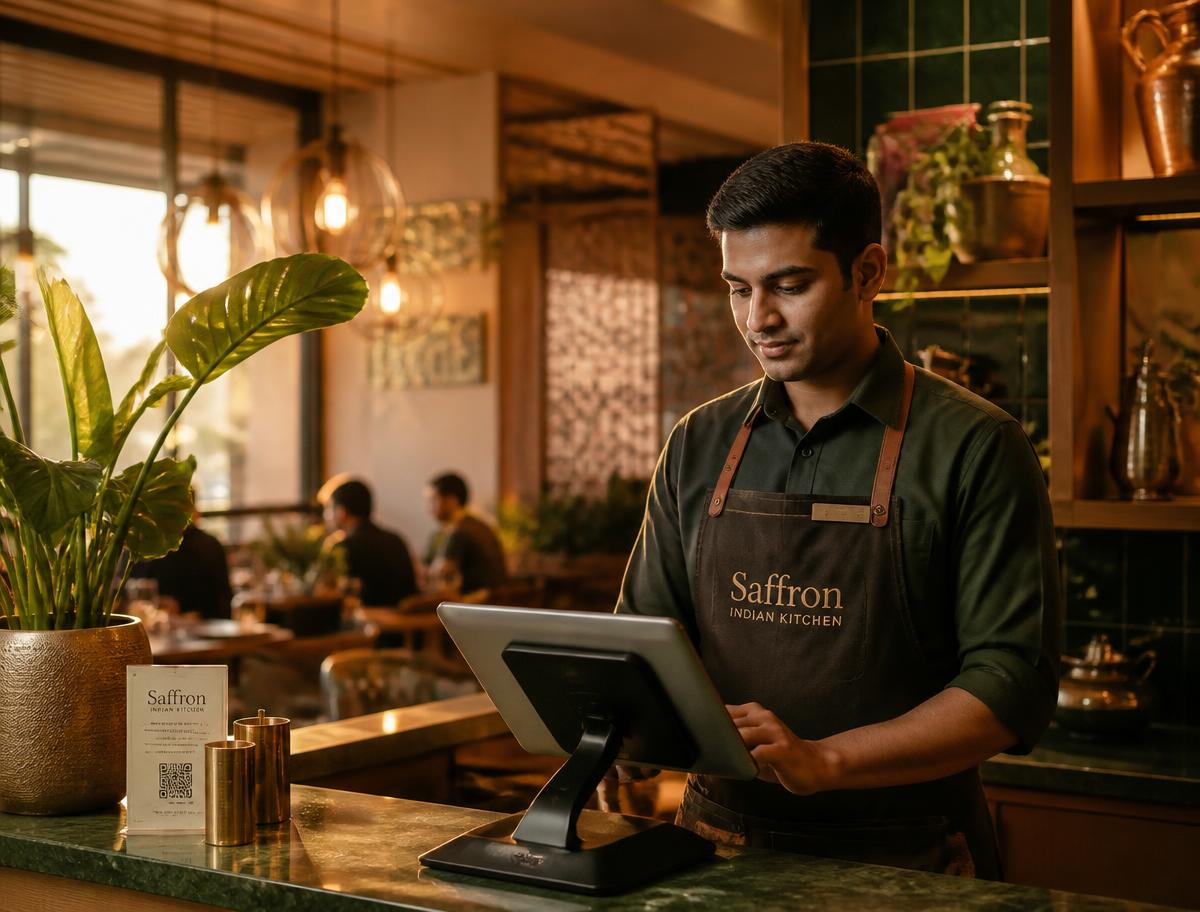 Restaurant staff taking an order on a RestroPilot point-of-sale tablet